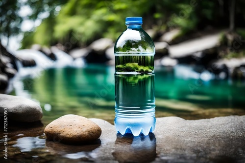 bottle of mineral water in natural landscape  , natural  water bottle , branding and advertising