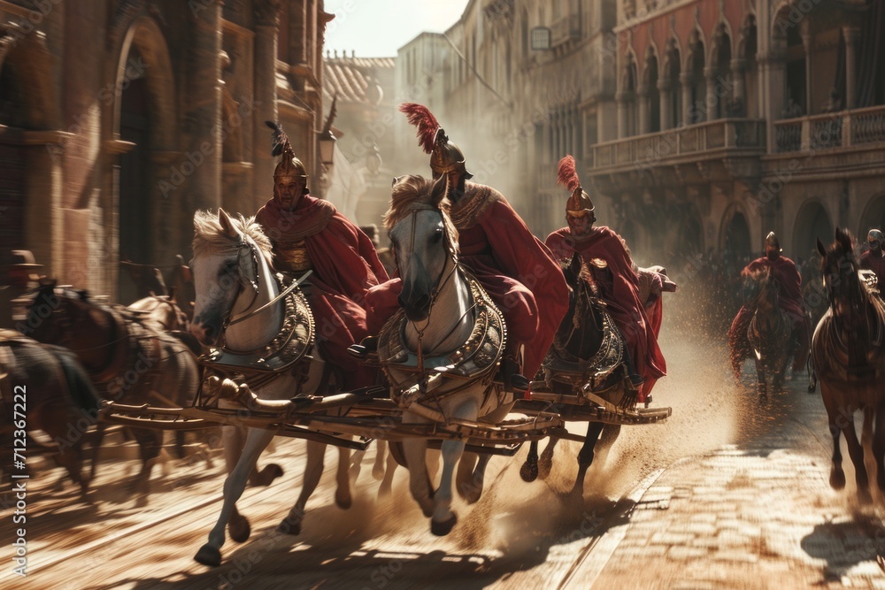 Fototapeta premium Ancient chariot racing through historic city streets in a grand procession, capturing the thrill of a bygone era's vibrant city life.