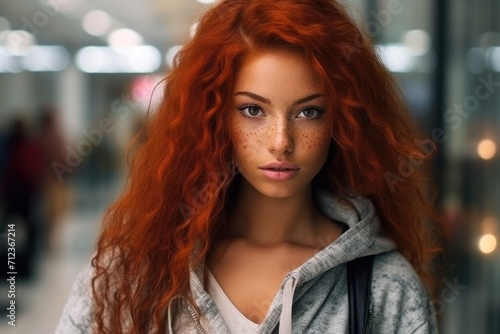 Close-up of a beautiful white girl with red hair, dressed in stylish clothes, who looks at the camera and smiles © Александр Лобач