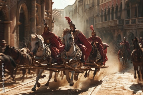 Ancient chariot racing through historic city streets in a grand procession, capturing the thrill of a bygone era's vibrant city life.