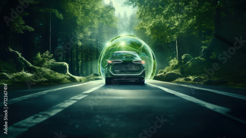 Eco car on forest road with earth planet going through forest, Ecosystem ecology healthy environment road trip trave photo