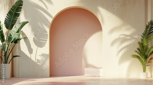 room interior with an arch and a plant, in the style of light emerald and light beige, minimalistic modern, light pink and dark beige, large-scale canvas, intricate minimalism, varied texture, stylish © Koplexs-Stock