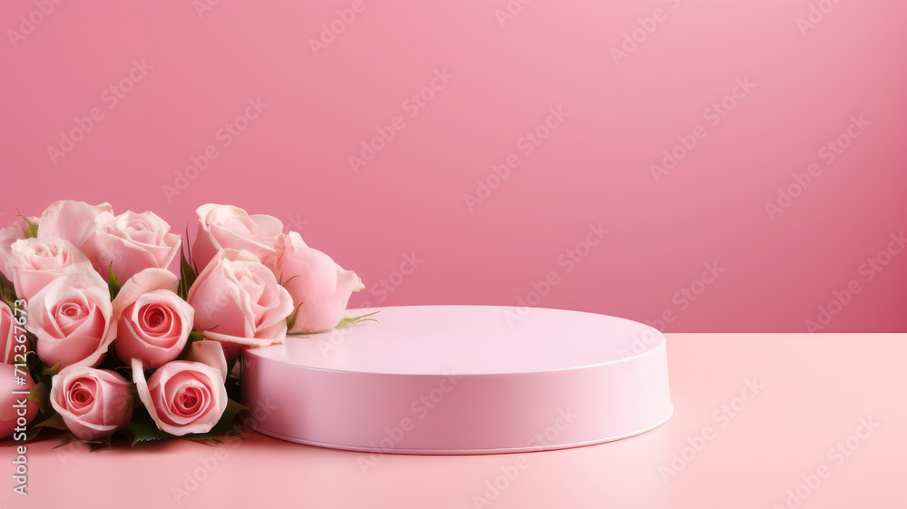 Blank podium with pink roses on pink background. Showcase for product, perfume, jewelry and cosmetic presentation Blank podium with pink roses on pink background. Showcase for product, perfume, jewelry and cosmetic presentation