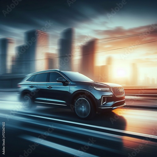 SUV type car miving along street. AI generated illustration