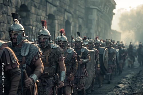 Roman legion marching with heavy packs through ancient conquered territories, a powerful image as a Roman legion marches with heavy packs through ancient territories they have conquered. photo
