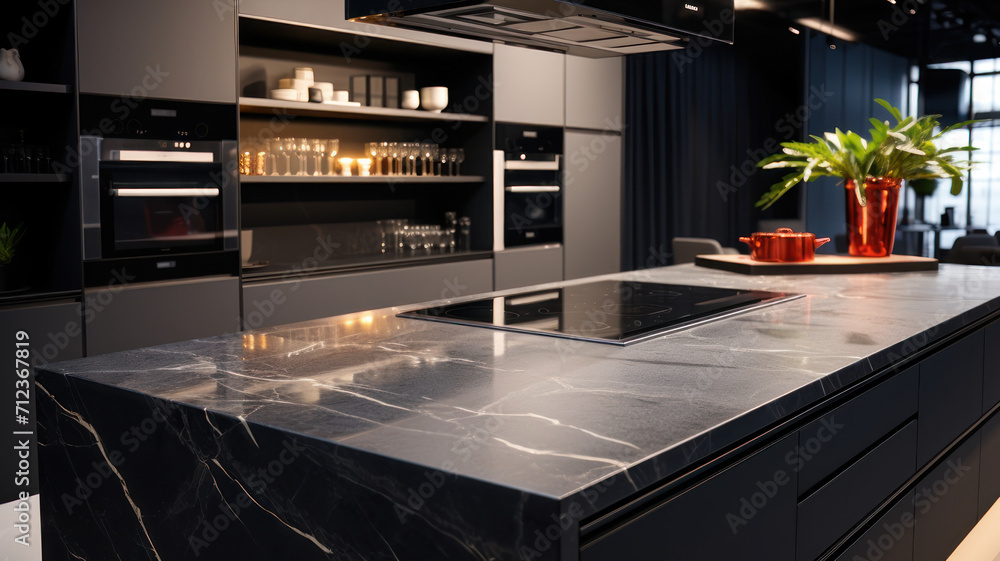 Front view of a modern designer kitchen with smooth handleless cabinets with black edges, black glass appliances, a marble island and marble countertops Front view of a modern designer kitchen with smooth handleless cabinets with black edges, black glass appliances, a marble island and marble countertops