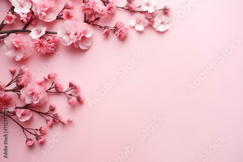 Flowers composition. Pink flowers and eucalyptus branches on pink background. Valentines day  mothers day  womens day concept. Flat lay  top view