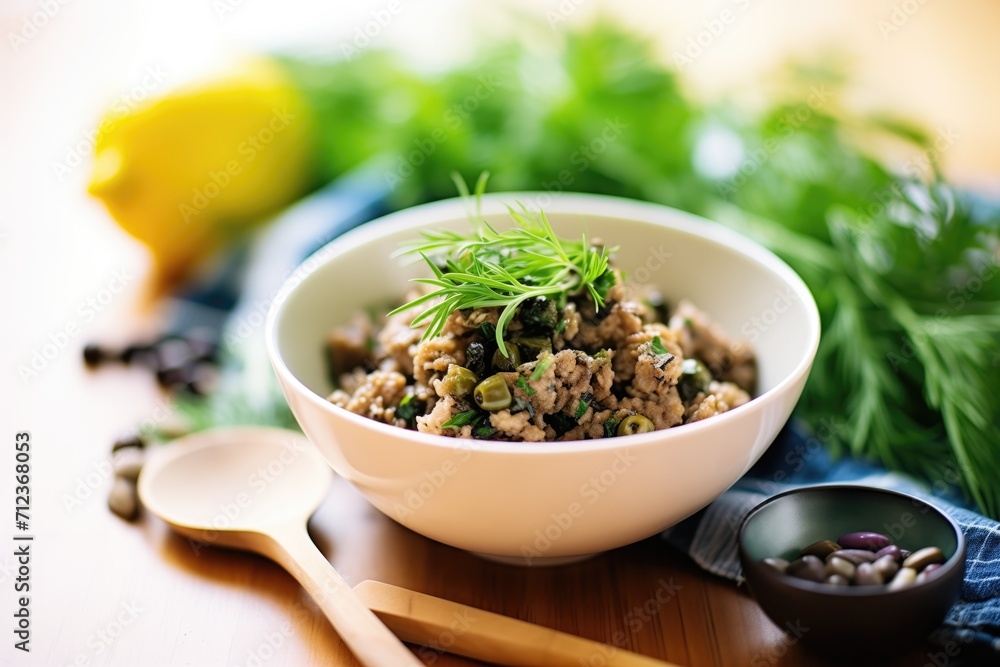 vegan olive tapenade with capers and garlic in a bowl