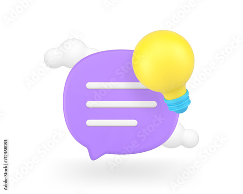 Innovation idea quick tips solution speech bubble chat and lightbulb 3d icon realistic vector