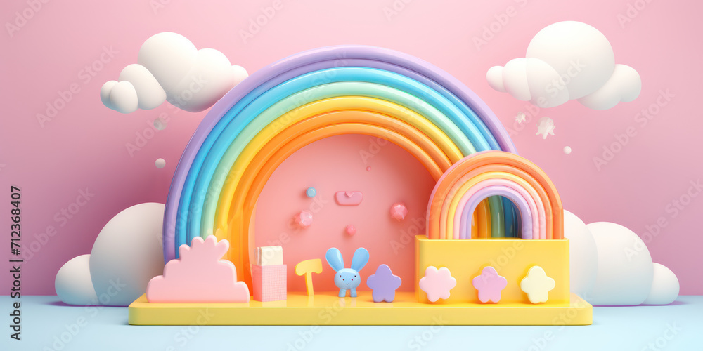  baby product display podium banner with cute rainbow - obrazy, fototapety, plakaty 