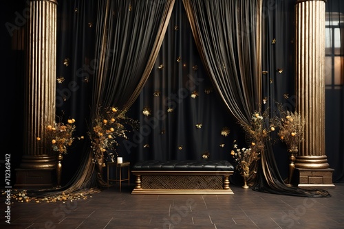 black with golden bright curtain wedding stage with flowers frames, © sisir