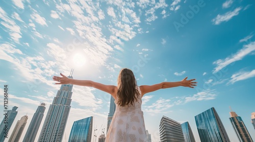 Back view of girl with outstretched arms looking at beautiful city