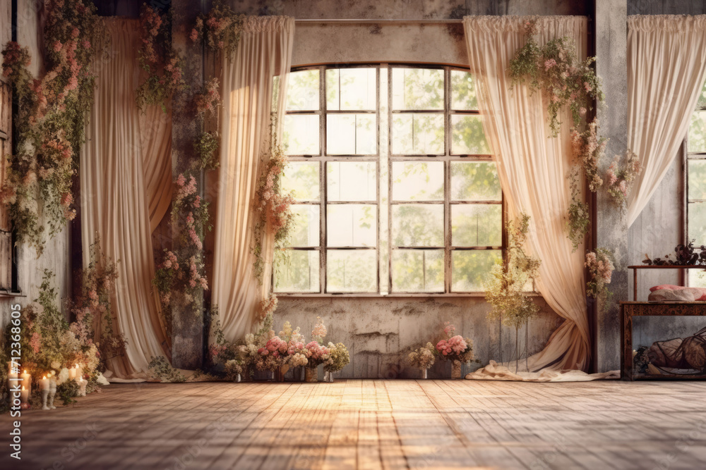 Blank canvas of a soft indoor window curtain photo backdrop, offering endless possibilities for your creative projects and designs