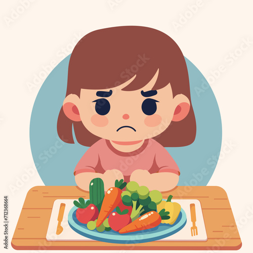 Picky eater concept vector image. Sad unhappy girl doesn't want to eat her  meal