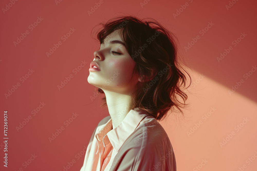  Fashion young woman in a studio muted color background and minimalistic