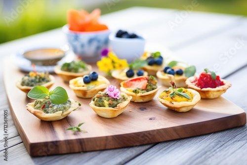 variety of mini quiches on a wooden board