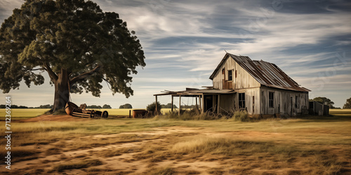 Abandoned wooden shack under a large tree in a rural field photo