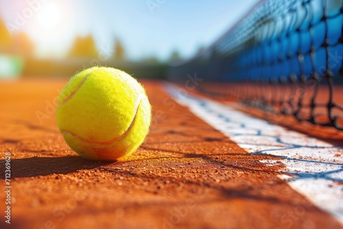 Vibrant yellow tennis ball, captured in a dynamic close-up, bounces energetically on the green court, epitomizing the spirit of a thrilling sport championship