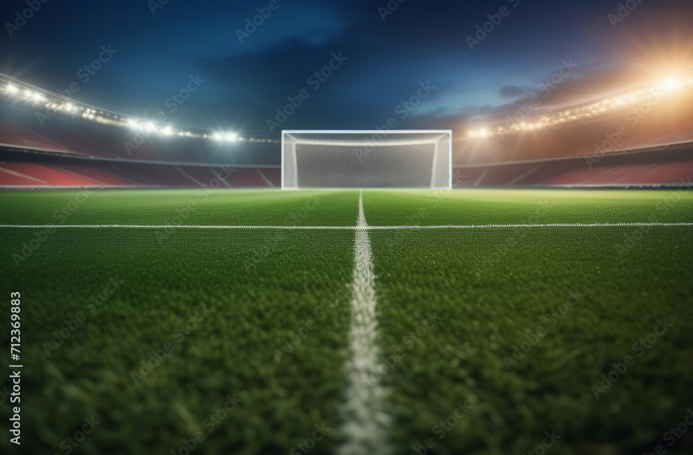 Soccer field background with illumination, green grass and cloudy sky. European football arena with white goal post, blurred fans at playground view. Outdoor sport, championship, match, game space