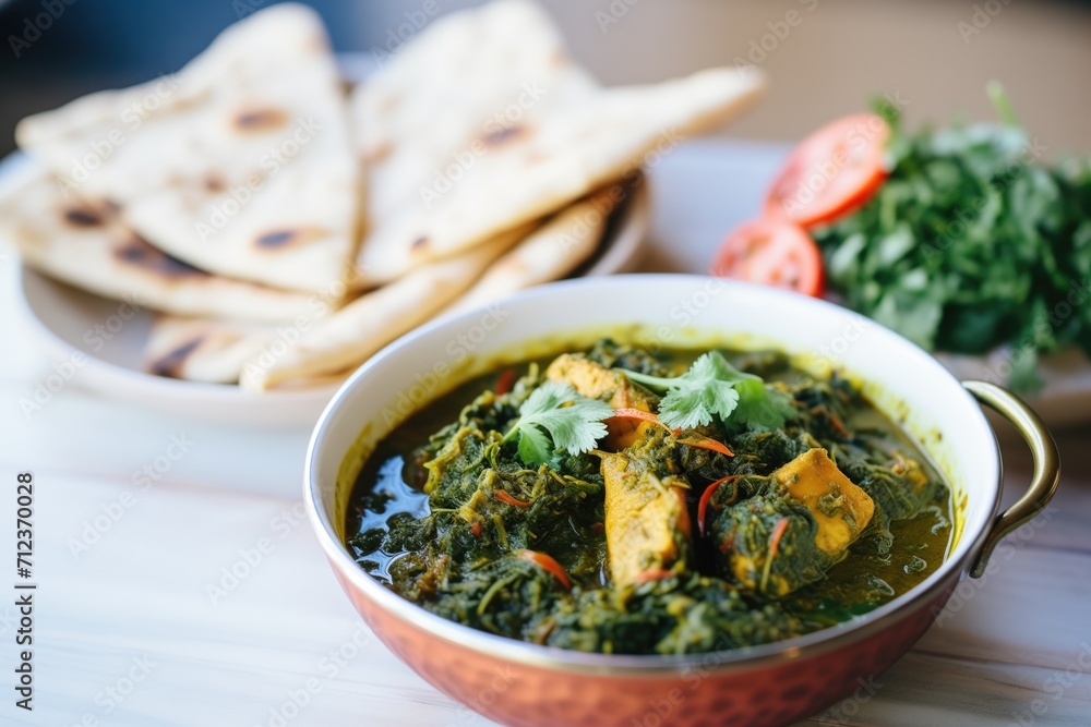 saag aloo scooped with a piece of naan bread saag aloo scooped with a piece of naan bread