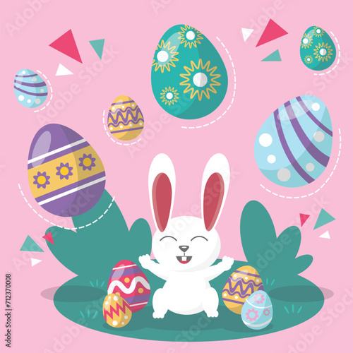 Cute rabbit with easter eggs, Happy Easter bunny, vector illustration.