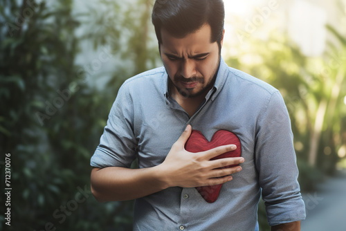 Man pressing on chest with painful expression. Severe heartache, having heart attack or painful cramps, heart disease outdoors. photo