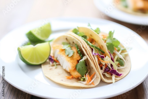 fish tacos with lime and cabbage slaw on a white plate