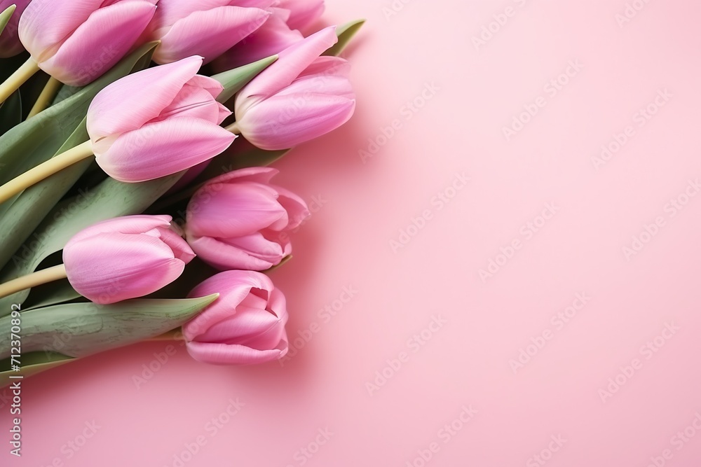Pink Holiday banner. Bouquet of pink tulips on pink background. Mothers day, Valentines Day, Birthday celebration concept. Copy space, top view