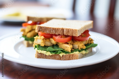 classic tempeh sandwich with mustard, lettuce, and tomato