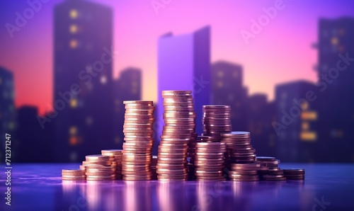 apartament and stack of coins with purple sky background, isometric 3d, octane render. Generative Ai