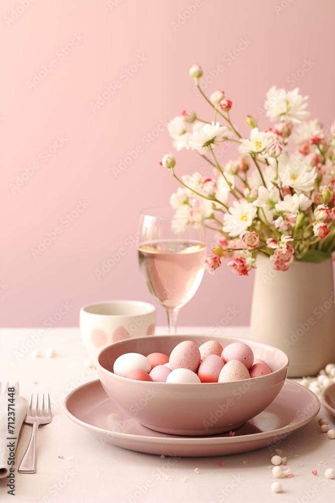 A tender blush pink Easter tablescape adorned with a bowl of assorted pastel eggs, a galss of white wine and a vase of blooming spring flowers, creating a soft and inviting ambiance.
A tender blush pink Easter tablescape adorned with a bowl of assorted pastel eggs, a galss of white wine and a vase of blooming spring flowers, creating a soft and inviting ambiance.