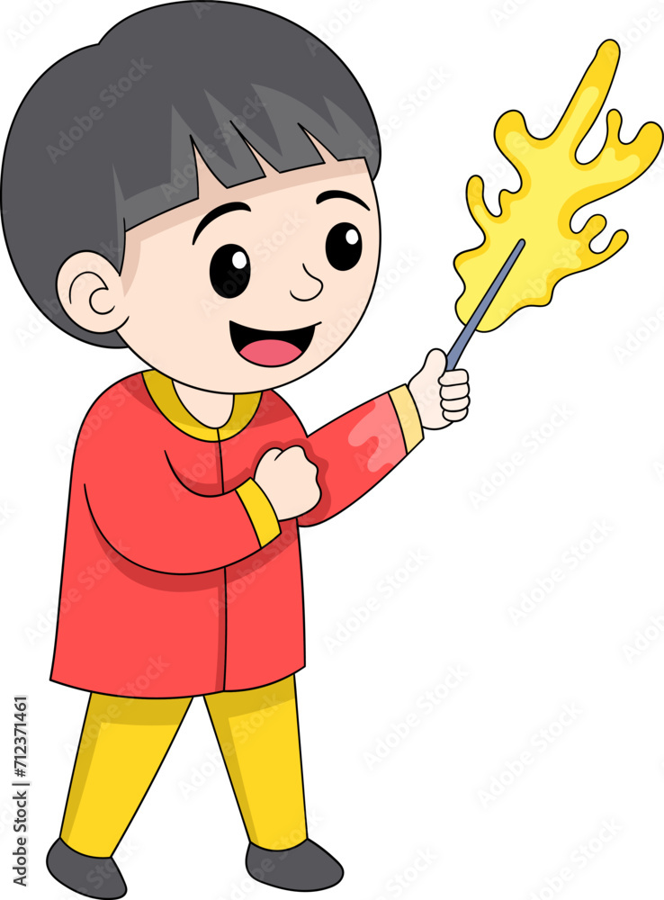 illustration of Chinese New Year celebration, boy is playing with fireworks happily illustration of Chinese New Year celebration, boy is playing with fireworks happily