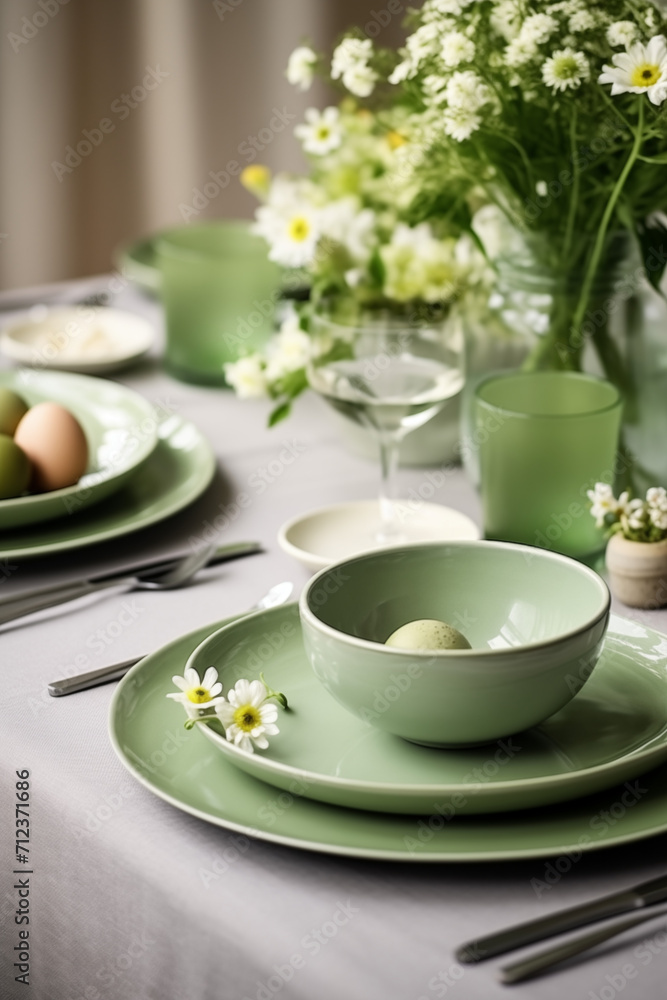 A tranquil Easter table setting in soft pastel greens, featuring a delicate arrangement of white daisies and a harmonious pastel egg centerpiece.
