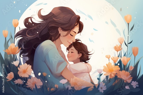 Illustration of mother with her little child  flower in the background. Concept of mothers day  mothers love  relationships between mother and child.