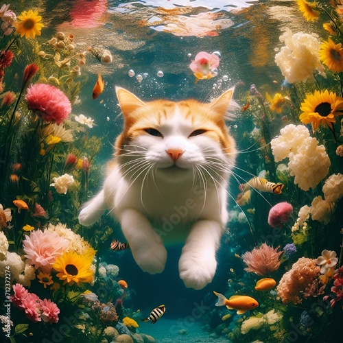 AI illustration of a white cat swimming in a fish tank filled with vibrant colorful flowers photo