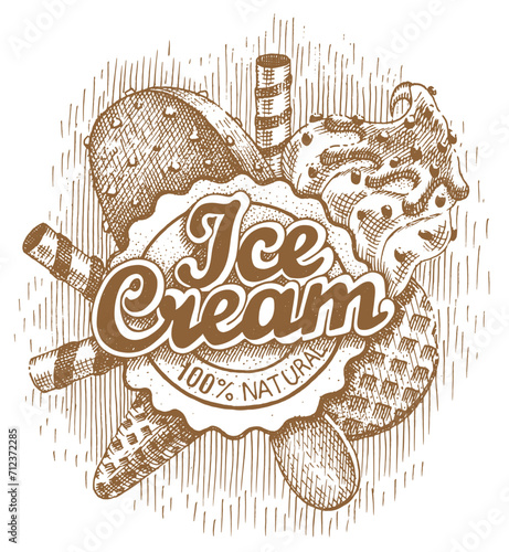 Ice cream emblem. Different types of ice cream drawn by hand