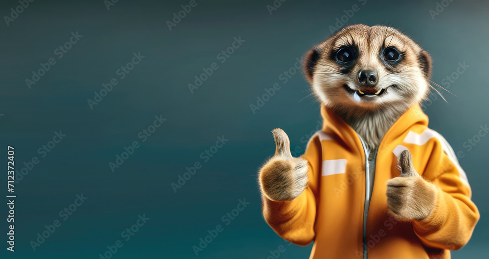 Portrait of a funny happy meerkat in a yellow sweatshirt with a hood, holding two thumbs up as a sign of excellent work or pointing at the camera on an isolated background. Generative AI. - obrazy, fototapety, plakaty 