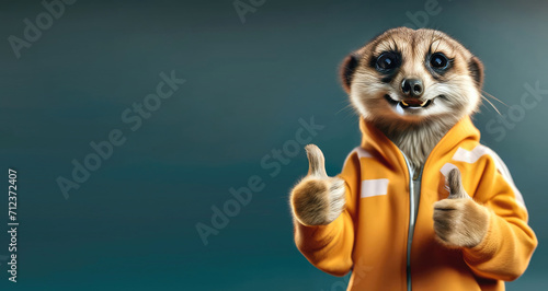 Portrait of a funny happy meerkat in a yellow sweatshirt with a hood, holding two thumbs up as a sign of excellent work or pointing at the camera on an isolated background. Generative AI. photo