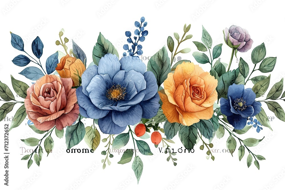 Watercolor floral illustration bouquet set collection green blush blue yellow pink frame, border, bouquet, wreath; wedding stationary, greetings, wallpaper, fashion, posters, background. Leaves, rose. - obrazy, fototapety, plakaty 