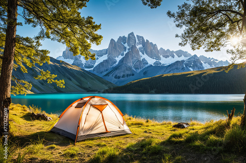 camping in front of lake and mountain landscape