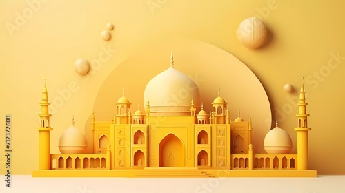 3D Eid Mubarak Design. Mosque with yellow moon on white background in paper cut style. Ramadan kareem greeting card. generative ai