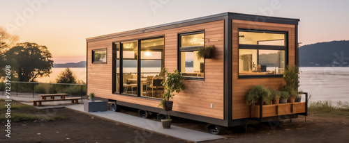 Lakeside tiny home on wheels with warm interior lighting at dusk photo