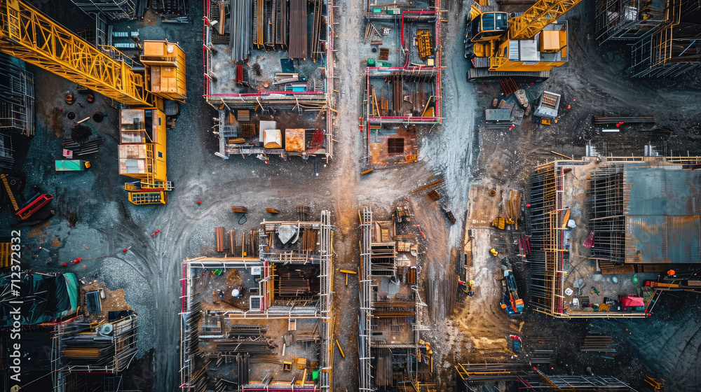 Aerial view of a construction site to build residential multi building with the truck, machine and crane Aerial view of a construction site to build residential multi building with the truck, machine and crane