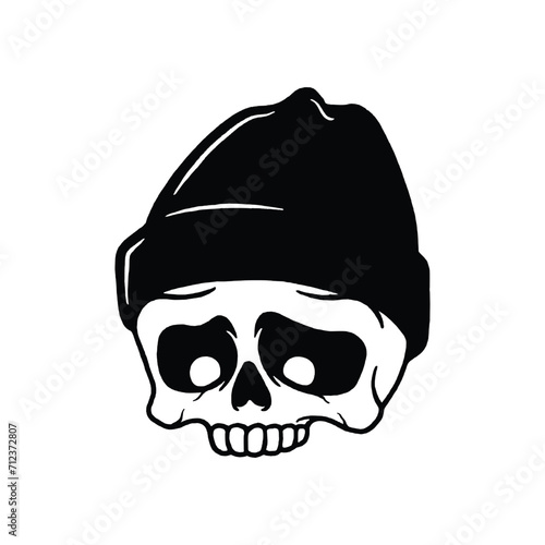 Skull head with beanie hat isolated vector illustration. Design element for shirt design, logo, sign, poster, banner.