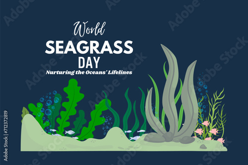 World Seagrass day, underwater world with typography Design photo