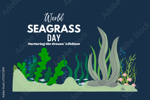 Schilderij op canvas World Seagrass day, underwater world with typography Design