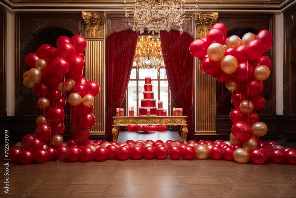red with golden curtain birthday stage with balloons frames