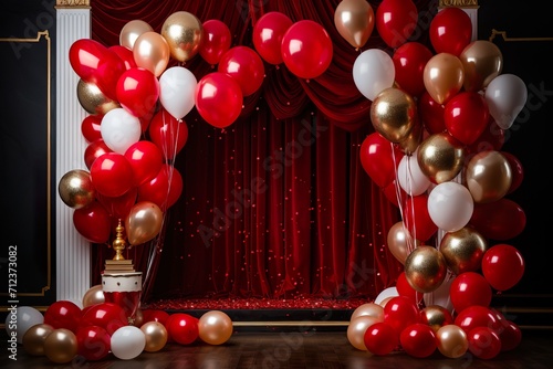 red with golden curtain birthday stage with balloons frames