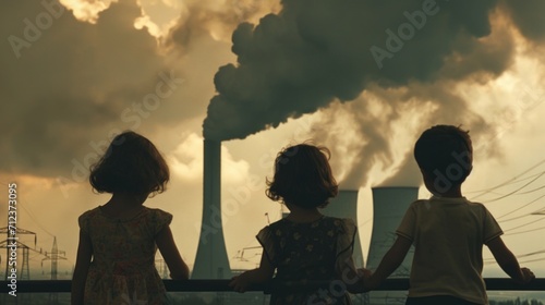 Children look at the chimneys of a power plant in the evening. AI generated