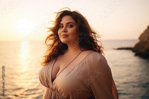 Portrait of a beautiful young woman in beige dress on the beach at sunset. AI generated